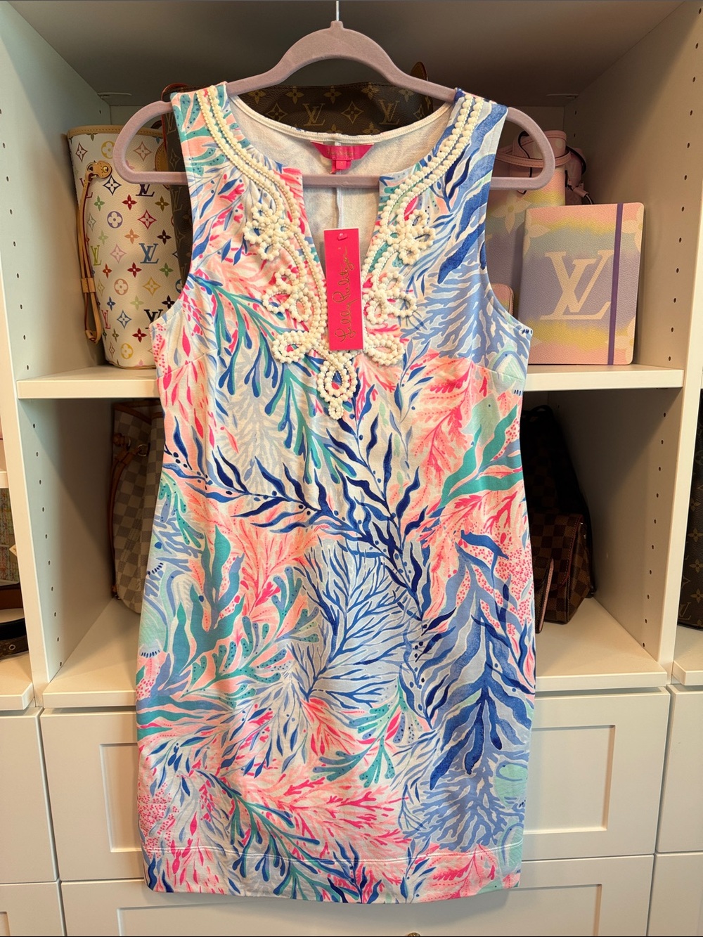 Lilly Pulitzer Harper Shift Dress Crew Blue Kaleidoscope Coral Small NWT